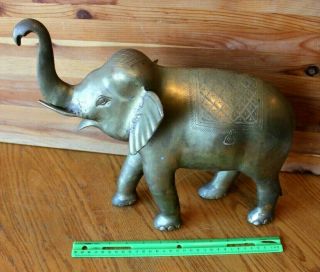 Large Brass Elephant Statue Hand Made Etched Trunk Up Good Luck Vintage 8.  7 Lbs