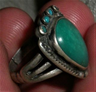 Antique C.  1920 - 30s Navajo Coin Silver Turquoise Ring Teardrop Shape Vafo