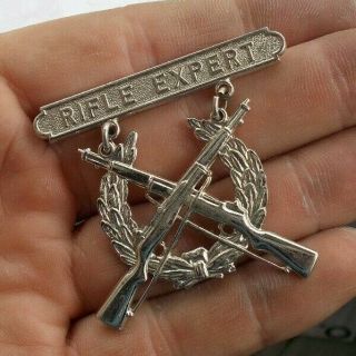 Vintage 2 " Military Rifle Expert Cross Guns Wreath Sterling Silver Medal Pin Nr