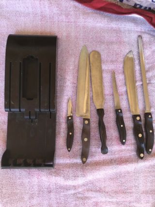 Vintage Cutco 6pc Kitchen Knife Set Brown Swirl Handles Bakelite Caddy