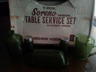 Anchor Hocking Vintage Avocado Green Soreno 7 Pc Table Service Set Box