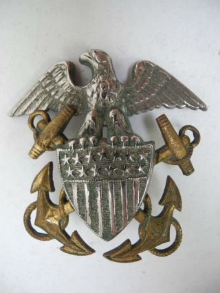 Vintage Wwii Us Navy Officer 2.  4 " Hat Badge Sterling Silver With Screw Back