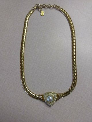 Vintage Christian Dior Rhinestone,  Pearl & Gold Tone Necklace Estate 17 "