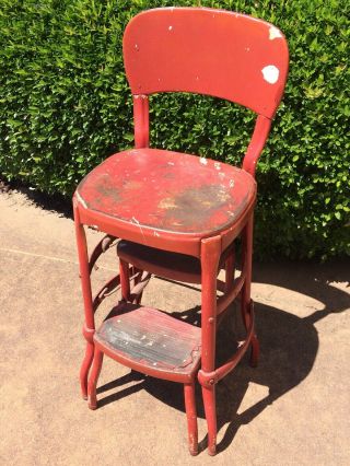 Vintage Retro Red Cosco Step Stool Kitchen Chair Retracting Steps