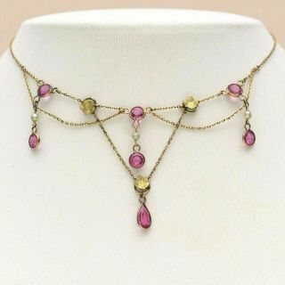 Antique Victorian Edwardian Gold Filled Gf Pink Paste Flower Festoon Necklace