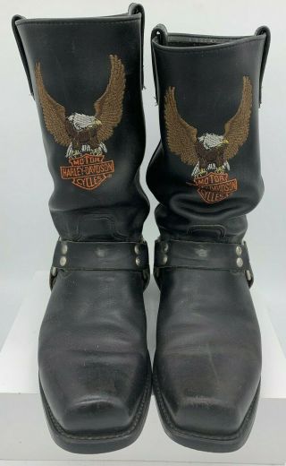 Vtg Harley Davidson Black Leather Eagle Logo Motorcycle Boot Men 