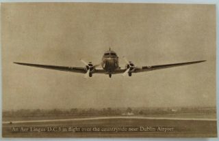Vintage Aer Lingus Official Postcard - Dc3 In Flight Over Countryside Near Dublin