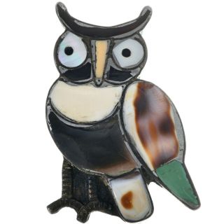 Vintage Zuni Nm Pubelo Inlaid Owl Pin Sterling Handmade Brooch Circa.  1950 
