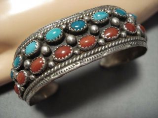 Stunning Vintage Navajo Domed Coral Turquoise Sterling Silver Bracelet Old