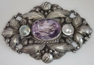 Antique Art Deco Hand Wrought Sterling Silver Amethyst Pearl Brooch