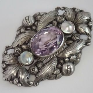 ANTIQUE ART DECO HAND WROUGHT STERLING SILVER AMETHYST PEARL BROOCH 2