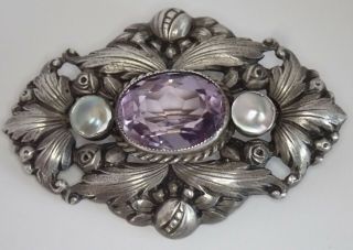ANTIQUE ART DECO HAND WROUGHT STERLING SILVER AMETHYST PEARL BROOCH 3