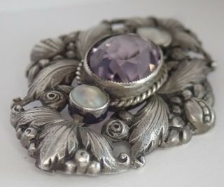 ANTIQUE ART DECO HAND WROUGHT STERLING SILVER AMETHYST PEARL BROOCH 4