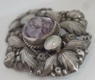 ANTIQUE ART DECO HAND WROUGHT STERLING SILVER AMETHYST PEARL BROOCH 6