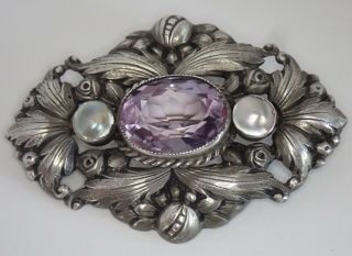 ANTIQUE ART DECO HAND WROUGHT STERLING SILVER AMETHYST PEARL BROOCH 7