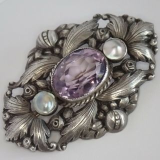 ANTIQUE ART DECO HAND WROUGHT STERLING SILVER AMETHYST PEARL BROOCH 8