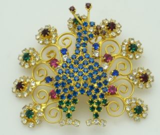 Vintage Hobe Peacock Figural Brooch Gold Plated Rhinestone Jeweled Pin