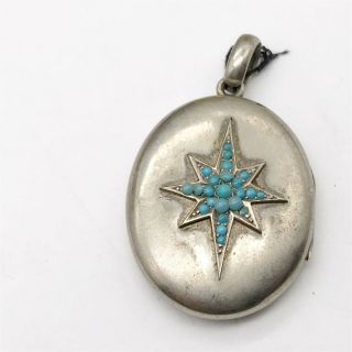 Antique Solid Silver Turquoise Set Star Front Locket Pendant For Necklace