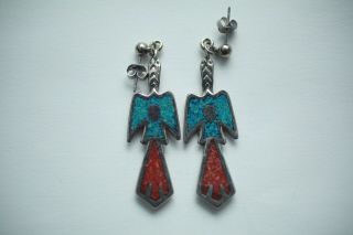 Vtg Sterling Silver 925 Peyote Bird Coral Turquoise Native American Earrings