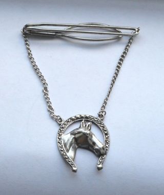 Awesome Sterling Silver.  925 Tie Clasp Clip Horse Head And Horseshoe Vintage