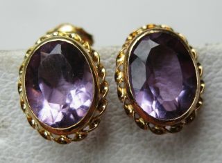Fine Vintage 14k Gold Purple Amethyst Gemstone Pierced Oval Cut Stud Earrings