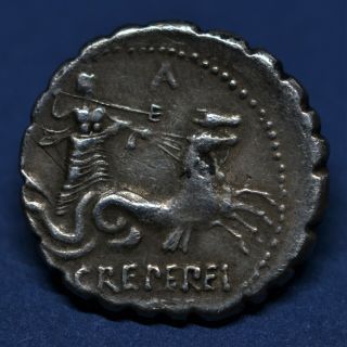 Rare Republican Silver Denarius Of Q.  Crepereius.  M.  F.  Rocus,  72 Bc.  Rrc: 399.