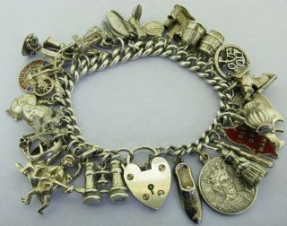 Vintage Solid Sterling Silver Charm Bracelet With 34 Charms Beatles Charm 82 Gr