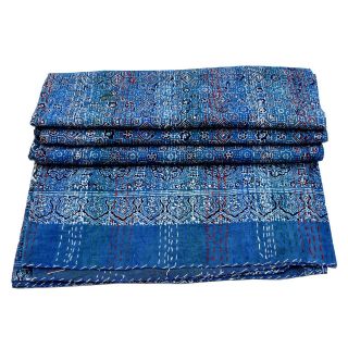 Indian Hand Block Ajrak Print Kantha Quilt Cotton Queen Bedspread Throw Blanket