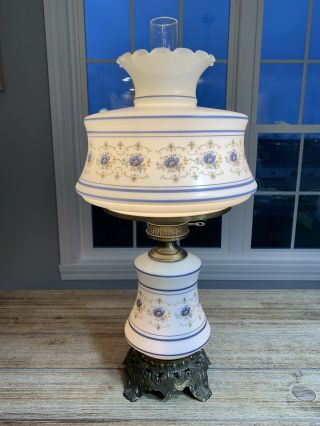 Vintage Quoizel 1973 Abigail Adams Hurricane Lamp Blue Floral Table Lamp 3 Way