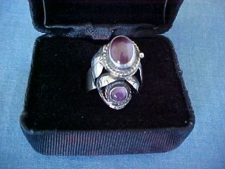 Vintage 1970s Taxco Mexico Sterling Silver & Amethyst Poison Ring By Ejd