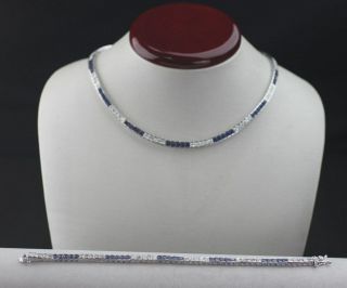 Vintage Sterling Silver Square Blue & White Stone Link Necklace & Bracelet Set
