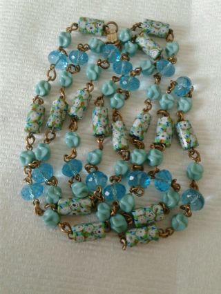 Rare Blue Green Vtg Murano Millefiori Venetian Art Glass Bead Necklace 59 " Set
