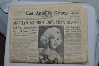 Rare Marilyn Monroe Dies Los Angeles Newspaper Authentic; Early Headline 4/6 Pts