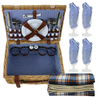 Large Picnic Basket Camping Vintage Beach Family 4 Person Wicker Set W Cutlery
