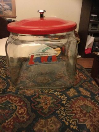 Vintage Lance Cracker Jar Glass Store Display Canister 8 X 7 X 6.  5 " W/ Metal Lid