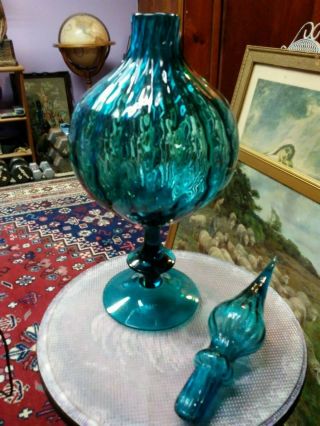 LARGE VINTAGE AQUAMARINE ART GLASS EMPOLI/ITALY APOTHECARY JAR 19.  5 5