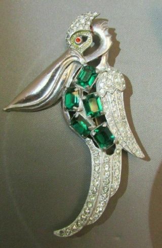 Vintage Art Deco Pelican Bird Clear Emerald Rhinestone Brooch Pin Figural 3 ",