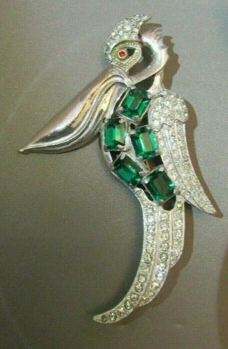 Vintage Art Deco Pelican Bird Clear Emerald Rhinestone Brooch Pin Figural 3 