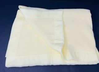 Vintage Baby Blanket Yellow Acrylic Thermal Weave Nylon Binding Satin Trim