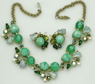 Vintage Necklace Earrings Set Green Beaded Rhinestone Moonstone Julio Marsella 2
