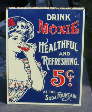 Woman Drinking 5 Cent Moxie Soda Vintage Embossed Multi - Color Advertising Sign