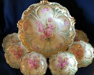 Rare 7 Pc Rs Prussia Berry Bowl Set Pink Roses With Heavy Gold Red Wreath Mark