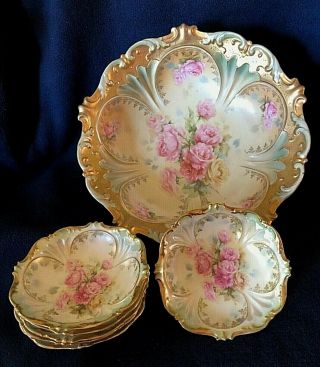 RARE 7 Pc RS PRUSSIA BERRY BOWL SET Pink Roses with Heavy Gold Red Wreath Mark 2