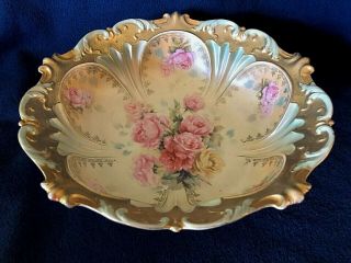 RARE 7 Pc RS PRUSSIA BERRY BOWL SET Pink Roses with Heavy Gold Red Wreath Mark 4