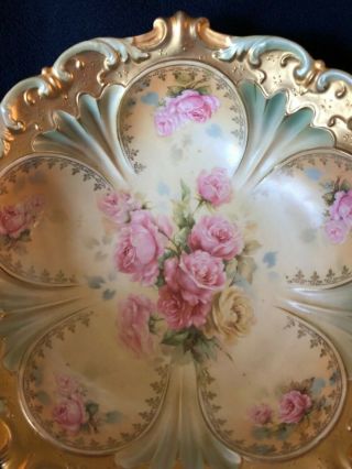 RARE 7 Pc RS PRUSSIA BERRY BOWL SET Pink Roses with Heavy Gold Red Wreath Mark 6