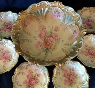 RARE 7 Pc RS PRUSSIA BERRY BOWL SET Pink Roses with Heavy Gold Red Wreath Mark 7