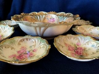 RARE 7 Pc RS PRUSSIA BERRY BOWL SET Pink Roses with Heavy Gold Red Wreath Mark 8