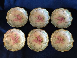 RARE 7 Pc RS PRUSSIA BERRY BOWL SET Pink Roses with Heavy Gold Red Wreath Mark 9