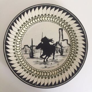 Vintage Native American Signed Black & White Large Ceramic Decorative Plate