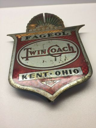 Vintage Bus Emblem Hood Ornament Twin Coach Fageol Porcelain Metal